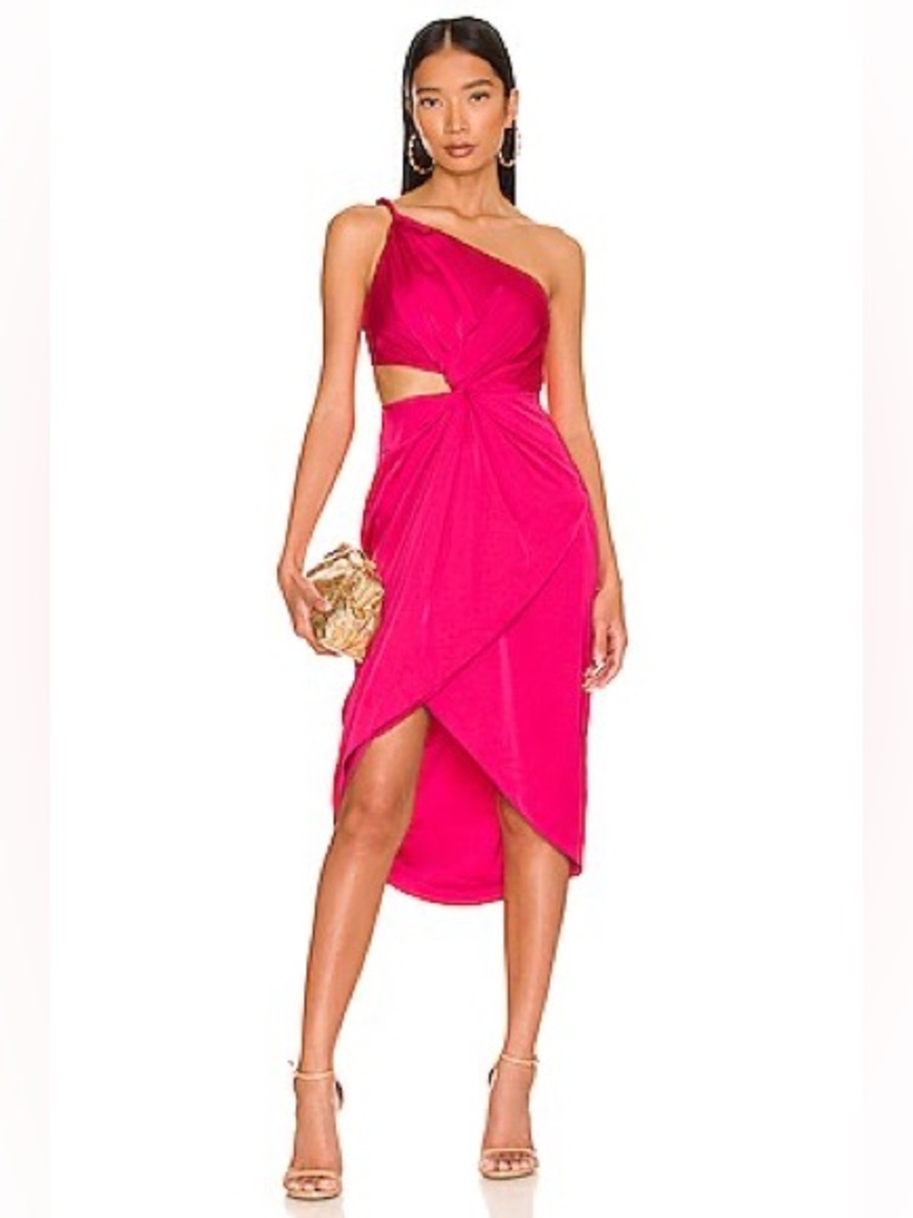 AMURÂ DeenaâOne Shoulder Dress in Rosie Raspberry Hot Pink Satin Cut Out Size 2